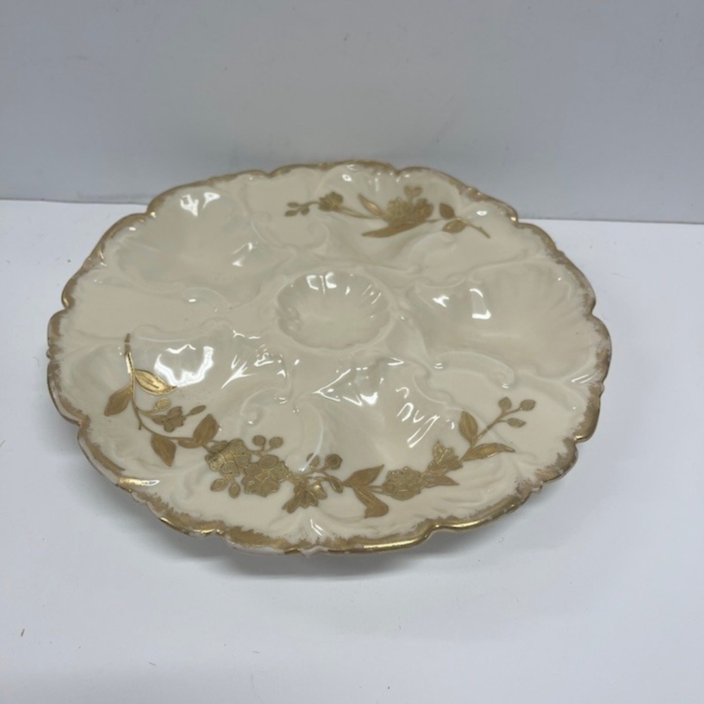 Antique Porcelain Oyster Plate Gold Floral Gilded 6 Well Scalloped Cream 8.5"